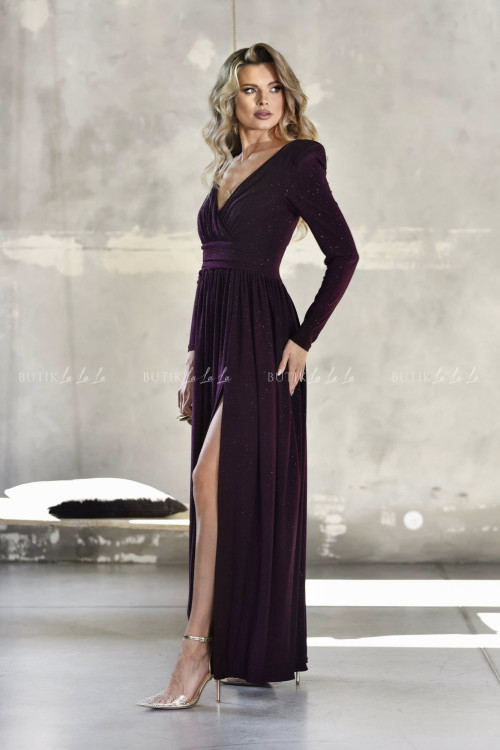 Sukienka maxi na długi rękaw brokatowa śliwkowa Melody 2