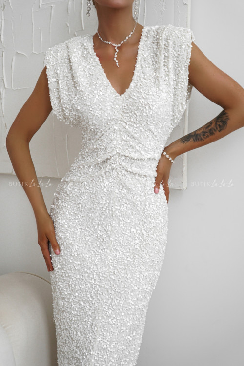 Sukienka maxi cekinowa ecru Mufia