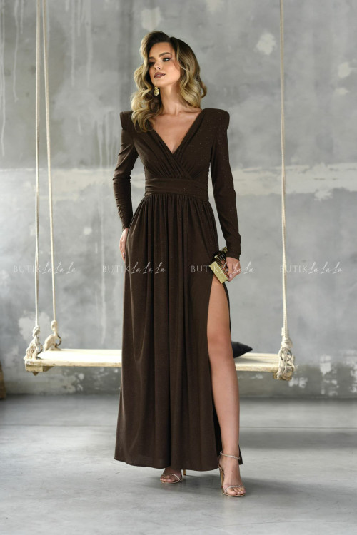 Sukienka maxi na długi rękaw brokatowa brązowa Melody