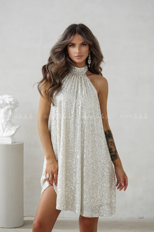 Sukienka mini cekinowa beżowo srebrna Mufasa 4