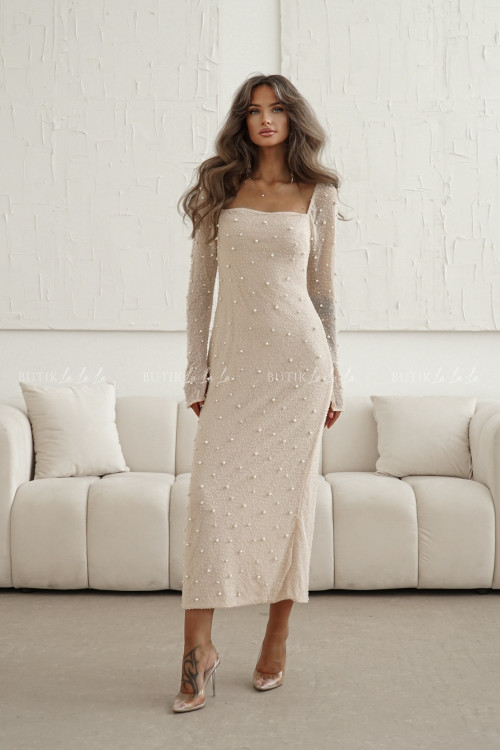 Sukienka maxi kremowa z koralikami Britnie