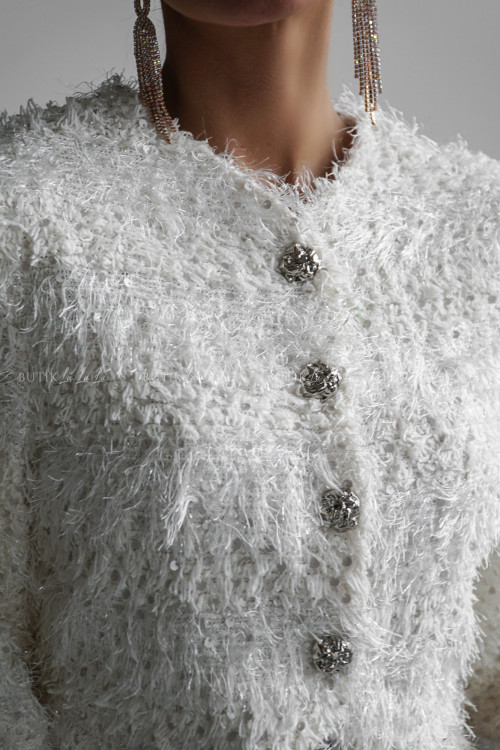 Sweter rozpinany z cekinami i niteczkami kremowy Siva 1