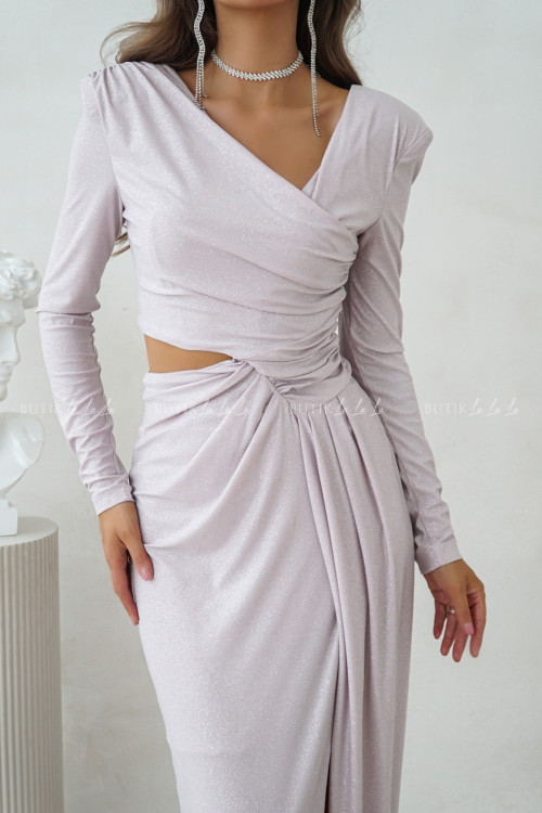 Sukienka maxi na długi rękaw brokatowa pudrowa Melody