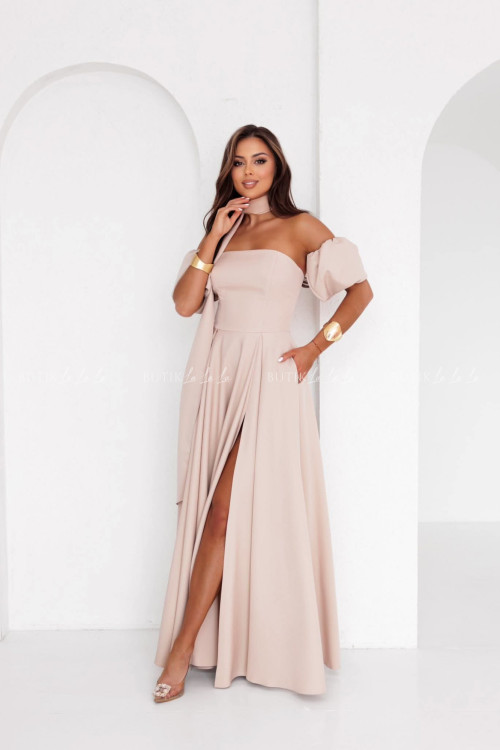 Sukienka maxi z rękawkami i szalem beżowa Foxy 1