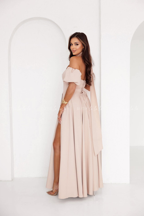 Sukienka maxi z rękawkami i szalem beżowa Foxy