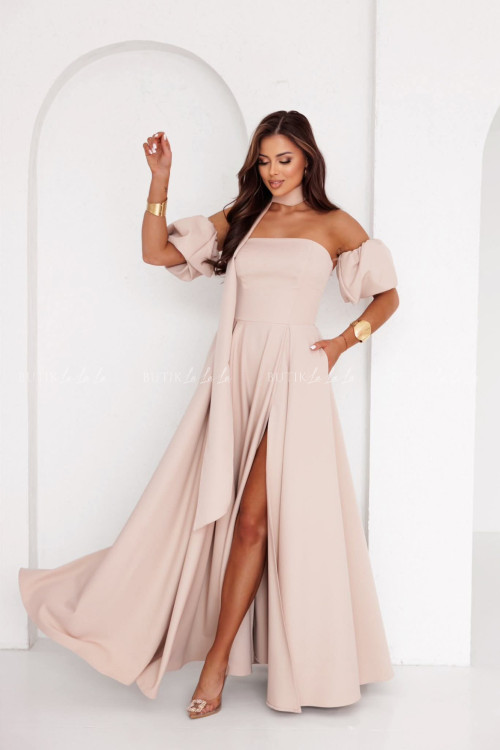 Sukienka maxi z rękawkami i szalem beżowa Foxy 6