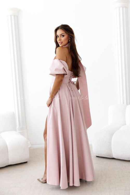 Sukienka maxi z rękawkami i szalem pudrowa Foxy 1