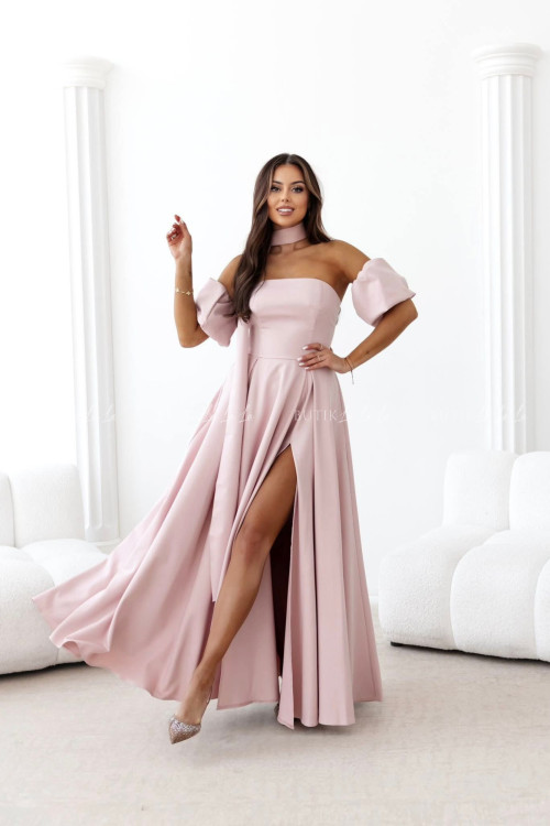 Sukienka maxi z rękawkami i szalem pudrowa Foxy