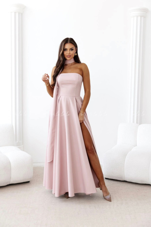 Sukienka maxi z rękawkami i szalem pudrowa Foxy 2