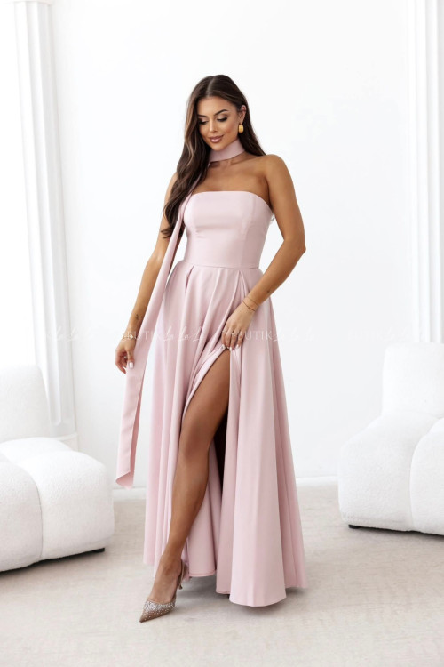 Sukienka maxi z rękawkami i szalem pudrowa Foxy 3