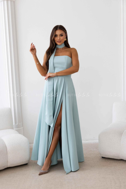 Sukienka maxi z rękawkami i szalem pistacjowa Foxy