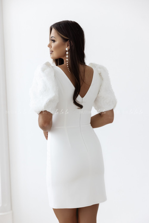 Sukienka z bufiastymi rękawami w różę biała Rozen 2