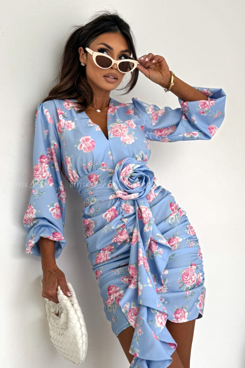 Sukienka mini marszczona błękitna w kwiatowy print Molly 2