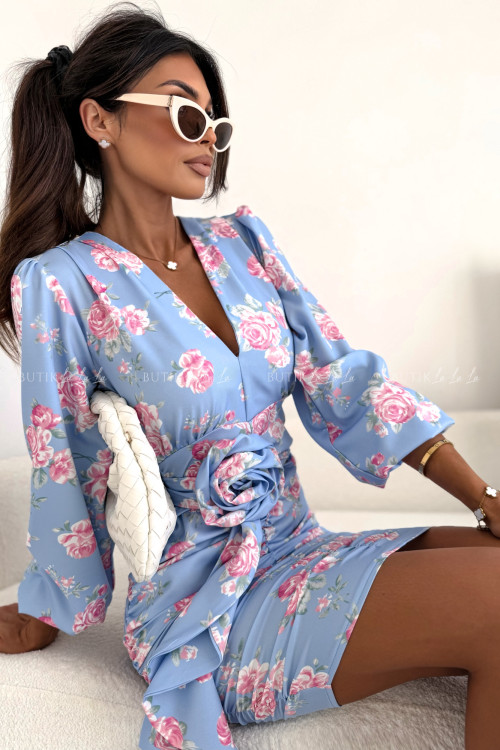 Sukienka mini marszczona błękitna w kwiatowy print Molly 4