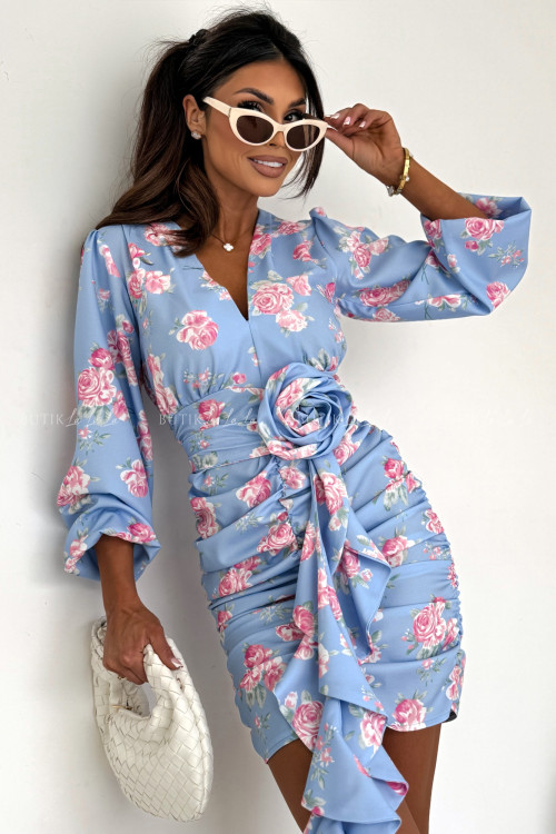 Sukienka mini marszczona błękitna w kwiatowy print Molly 3