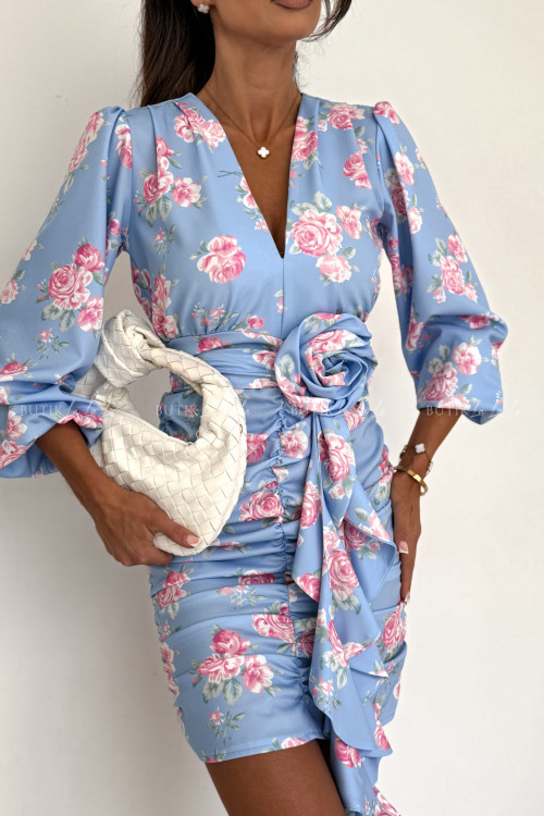 Sukienka mini marszczona błękitna w kwiatowy print Molly 5