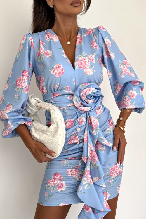 Sukienka mini marszczona błękitna w kwiatowy print Molly 6