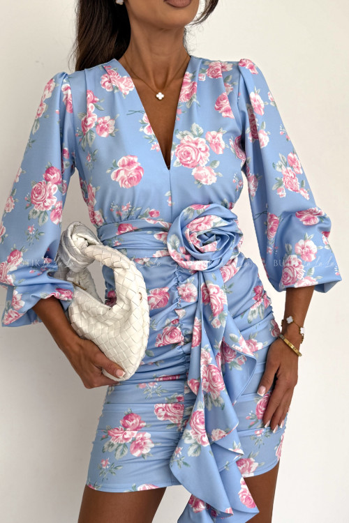 Sukienka mini marszczona błękitna w kwiatowy print Molly 7