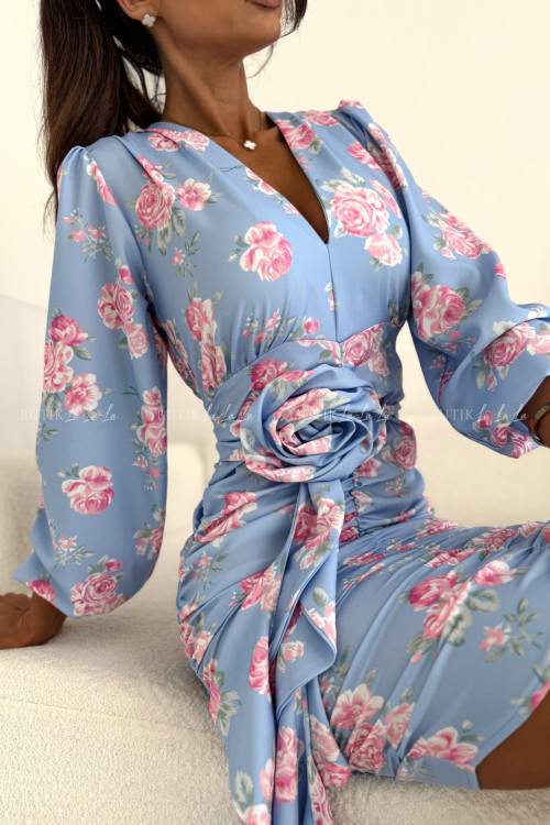 Sukienka mini marszczona błękitna w kwiatowy print Molly 10