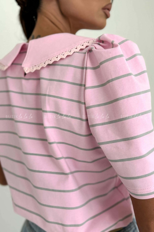 Bluzka różowa w pistacjowe paski z kołnierzykiem Fiesie