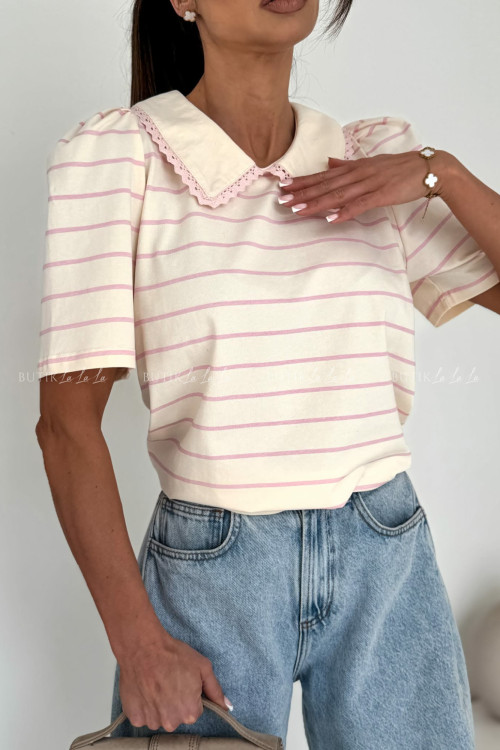 Bluzka kremowa w różowe paski z kołnierzykiem Fiesie