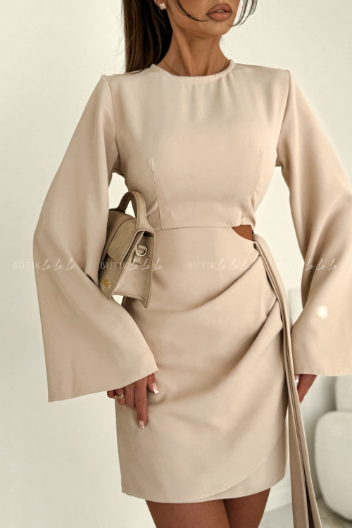 Sukienka mini z szerokimi rękawami i wycięciem w talii beżowa Noir