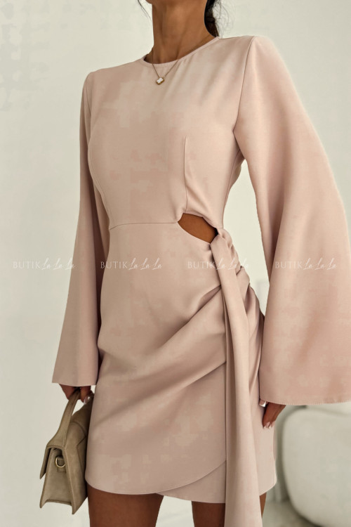 Sukienka mini z szerokimi rękawami i wycięciem w talii pudrowa Noir