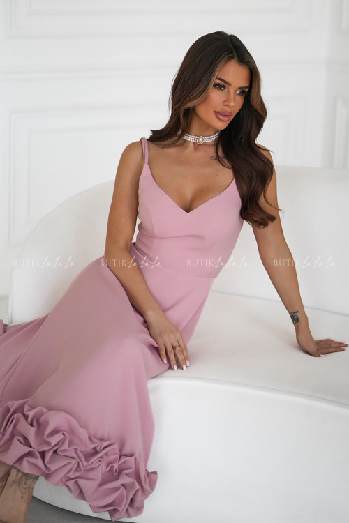 Sukienka rozkloszowana midi z falbaną 3D pudrowa Cindarella