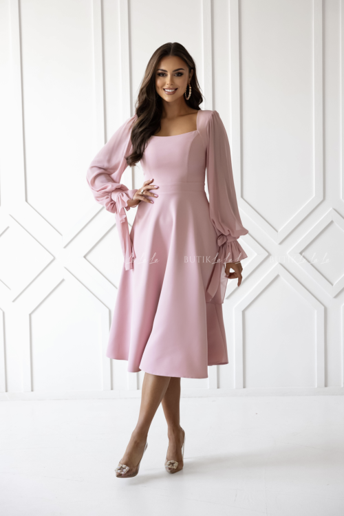 Sukienka rozkloszowana z bufiastymi rękawami pudrowa Aria