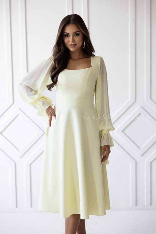 Sukienka rozkloszowana z bufiastymi rękawami żółta Aria