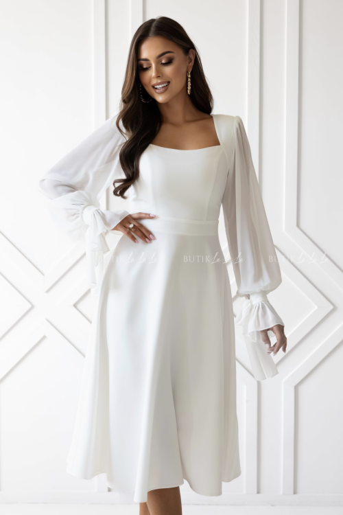 Sukienka rozkloszowana z bufiastymi rękawami biała Aria